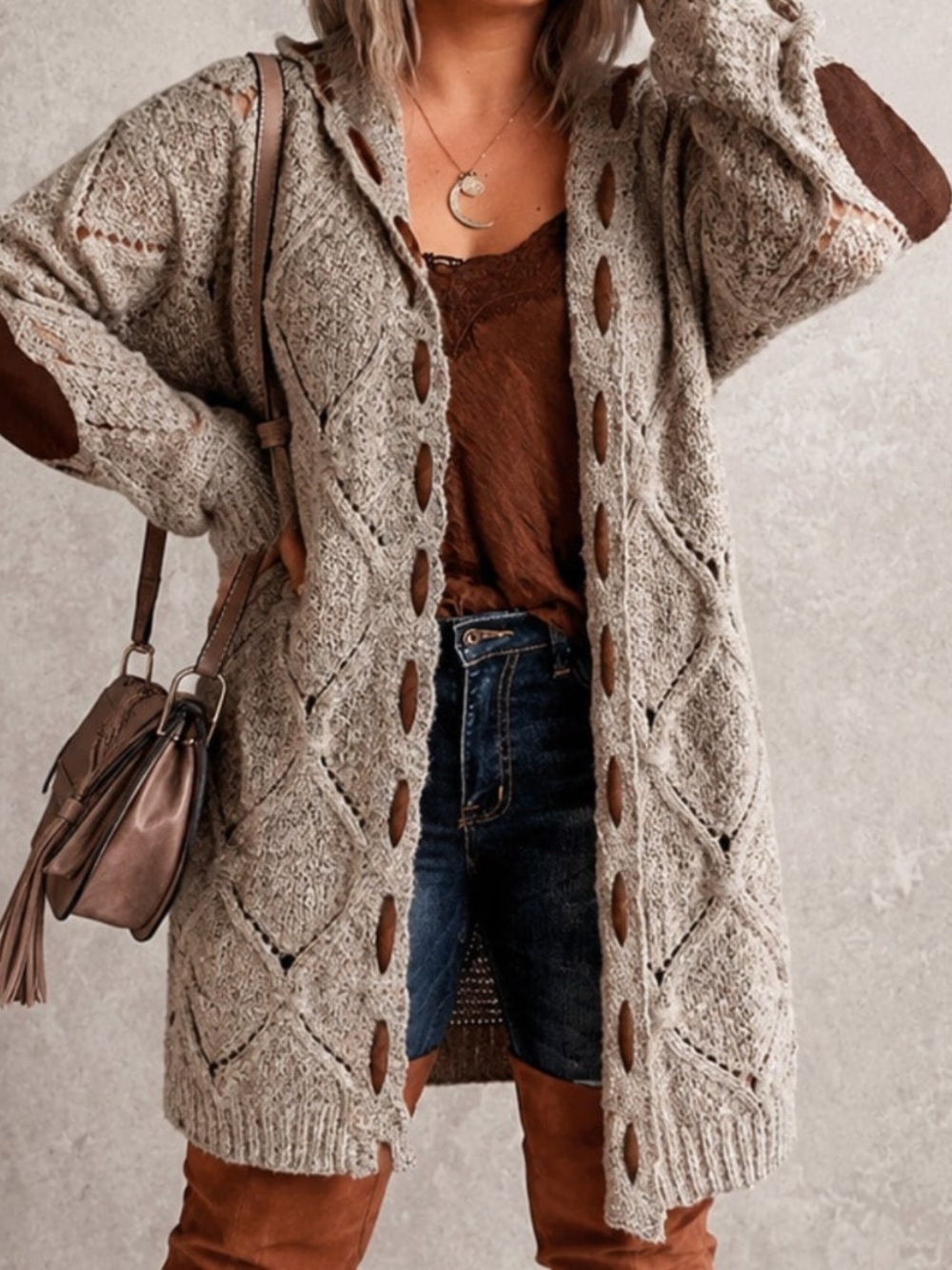 Plus Chunky Cable knit Open Front Knee Length Cardigan - Picture 1 of 7